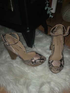 Sun + Stone Snake-Print Ankle Strap Heels